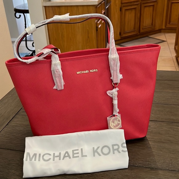 Michael Kors Jet Set Large Saffiano Leather Tote Bag Watermelon - Picture 10 of 13